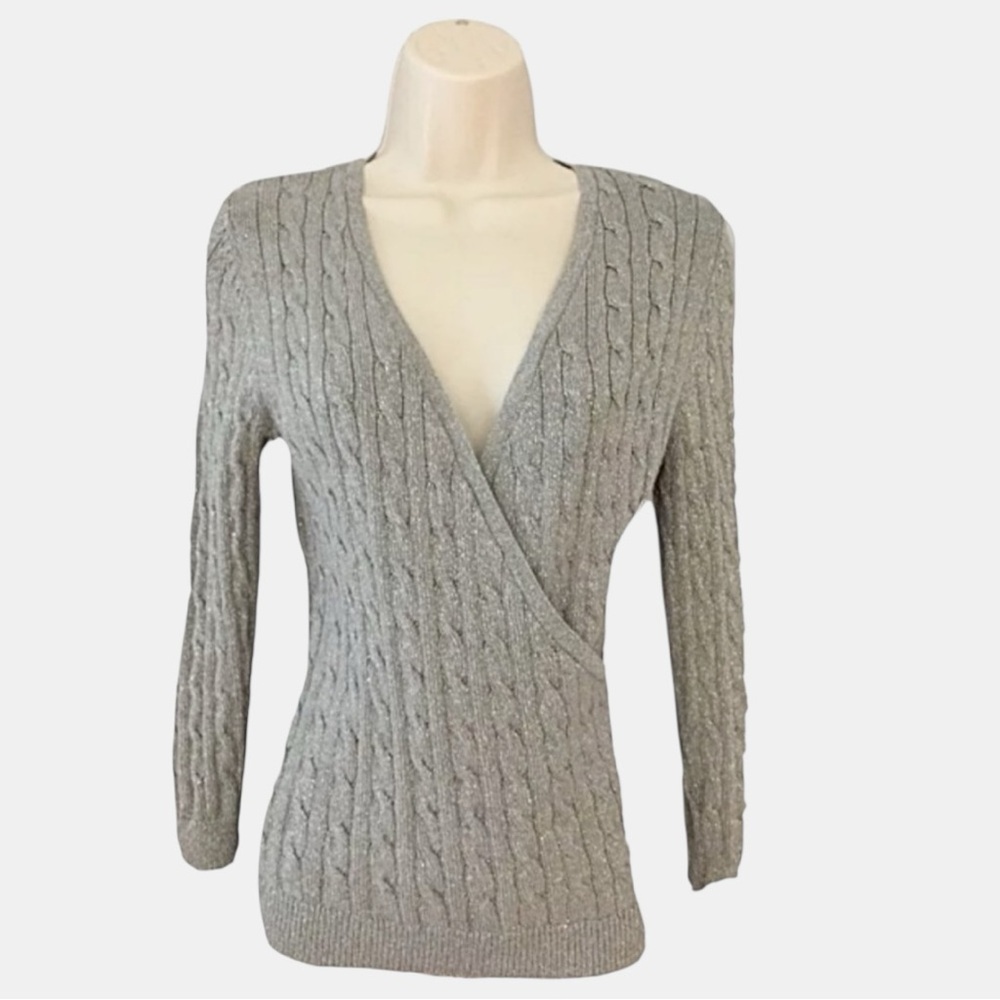 ✨Ann Taylor Metallic Silver Silk-Blend Cable Knit Wrap Sweater – XS✨
